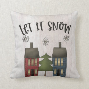 Primitive Country Saltbox Houses & Snowflakes Cushion
