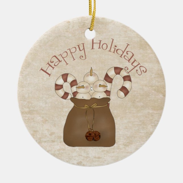 Primitive Country Snowmen Ceramic Ornament (Front)