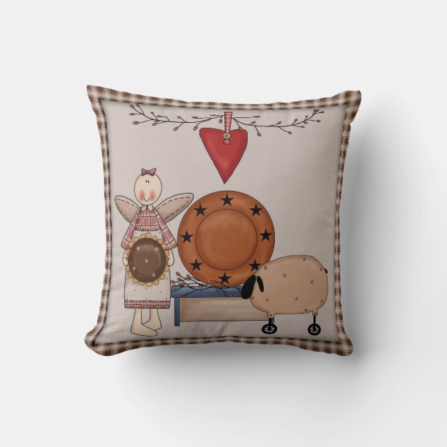Primitive Country Sunflower Sheep & Angel Decor Cushion (Front)
