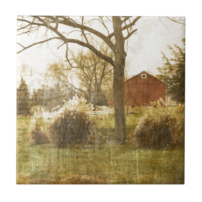 Primitive Country Tree Farm Red Cabin in the woods Ceramic Tile (Front)