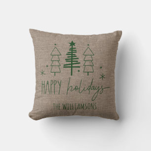 Primitive Country Trees Happy Holidays Family Name Cushion