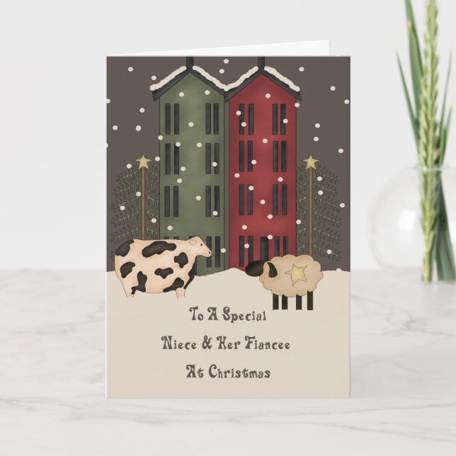 Primitive Cow Sheep Niece Fiancee Christmas Holiday Card (Front)
