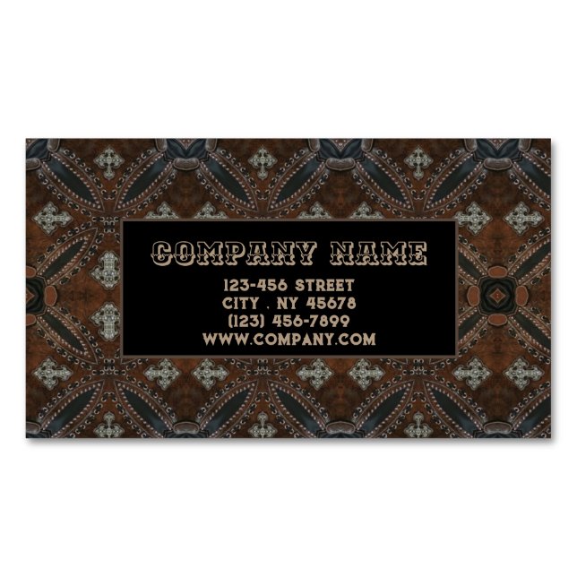 Primitive cowboy western country Tooled Leather Magnetic Business Card (Front)