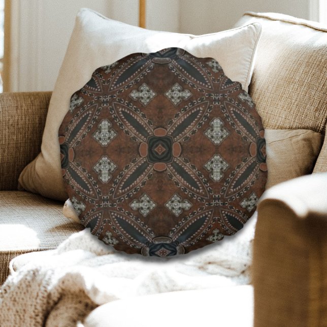 Primitive cowboy western country Tooled Leather Round Cushion (Primitive cowboy western country Tooled Leather Round Pillow)