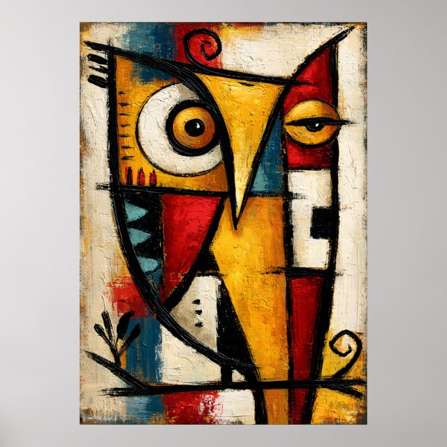 Primitive Cubist Owl Bold Abstract Geometric Art Poster (Front)