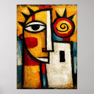 Primitive Cubist Sun Mask Bold Abstract Geometric Poster