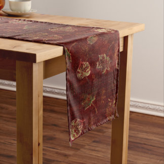 Primitive Fall Leaves Gingham Check Burgundy Medium Table Runner