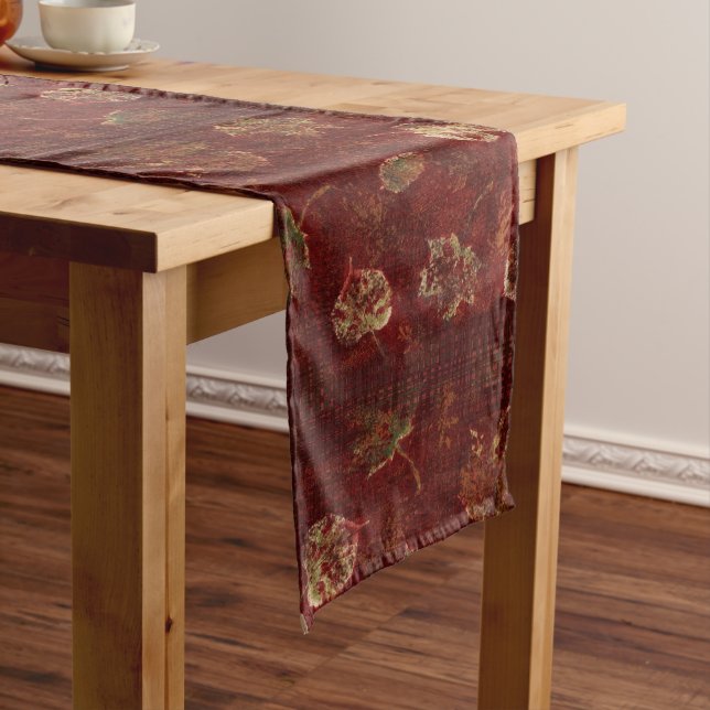 Primitive Fall Leaves Gingham Check Burgundy Medium Table Runner (In Situ)