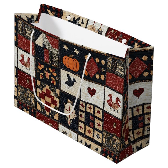 Primitive Farmhouse Appliqué & Geometric Large Gift Bag (Front Angled)