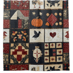 Primitive Farmhouse Appliqué & Geometric Shower Curtain