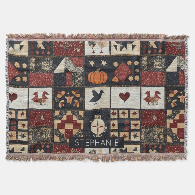 Primitive Farmhouse Appliqué & Geometric Throw Blanket (Front)