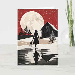 Primitive Folk Art Christmas Card Full Moon Woman