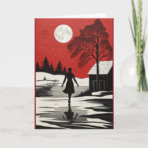 Primitive Folk Art Christmas Card Full Moon Woman
