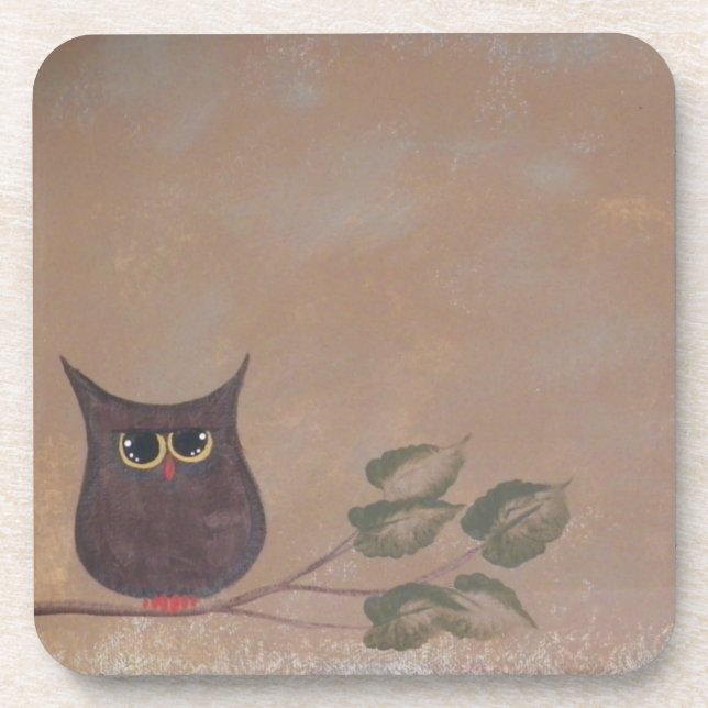 Primitive Folk Art Owl Acrylic Painting Coaster (Front)