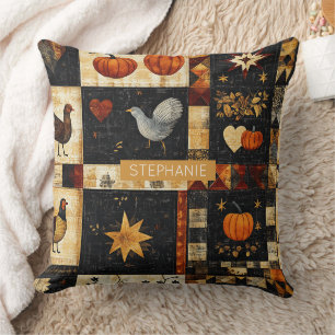 Primitive Folk Art Quilt Pattern Rustic Autumn Cushion