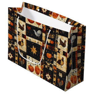 Primitive Folk Art Quilt Pattern   Rustic Autumn Large Gift Bag