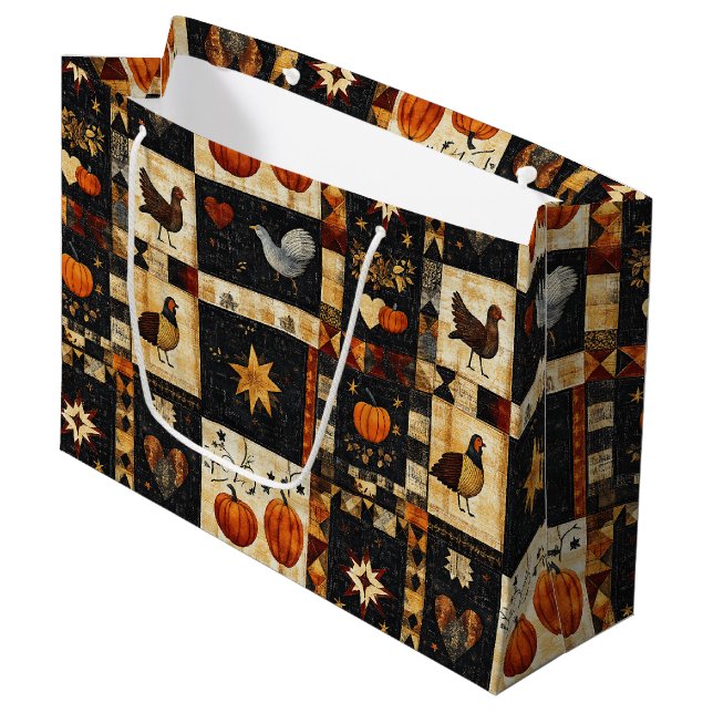 Primitive Folk Art Quilt Pattern | Rustic Autumn Large Gift Bag (Front Angled)