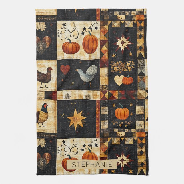 Primitive Folk Art Quilt Pattern | Rustic Autumn Tea Towel (Vertical)