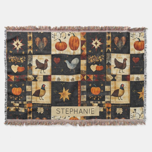 Primitive Folk Art Quilt Pattern | Rustic Autumn Throw Blanket (Front)