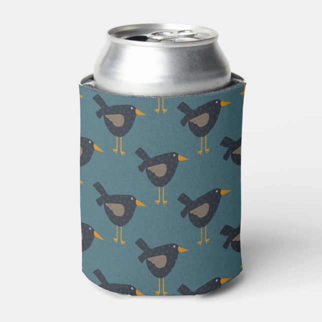 Primitive Folk Art Rustic Country Bird Pattern Can Cooler (Can Front)