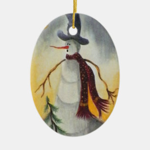 Primitive Folk Art Snowman Ceramic Tree Decoration