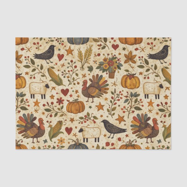 Primitive Folk Art Thanksgiving Tissue Paper (Front)