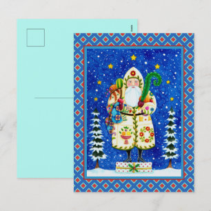 PRIMITIVE FOLKART BALTIMORE QUILT FATHER CHRISTMAS HOLIDAY POSTCARD