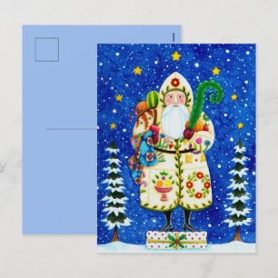 PRIMITIVE FOLKART BALTIMORE QUILT FATHER CHRISTMAS HOLIDAY POSTCARD