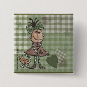 Primitive Girl and Cats 15 Cm Square Badge