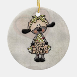 Primitive Lamb-God Bless Ewe Ceramic Ornament
