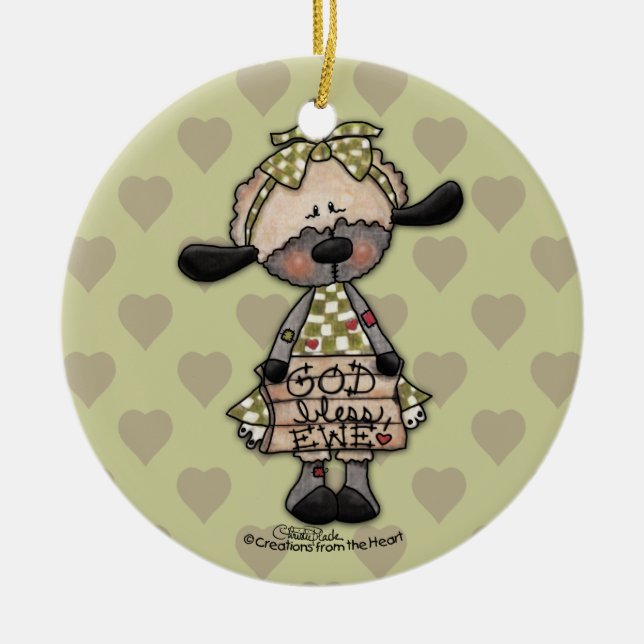 Primitive Lamb-God Bless Ewe Ceramic Ornament (Front)