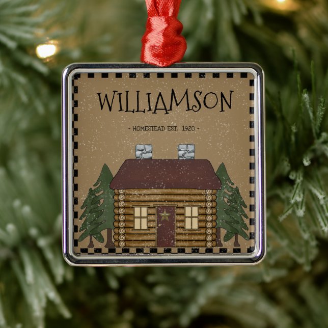 PRIMITIVE LOG CABIN FAMILY NAME PERSONALIZED METAL ORNAMENT (Tree)
