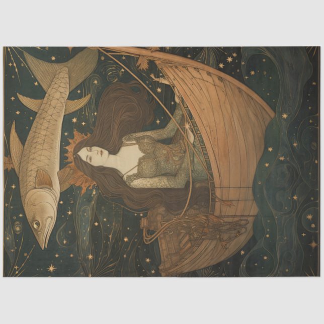 Primitive Mermaid In A Boat Painting Decoupage Tissue Paper (Front)