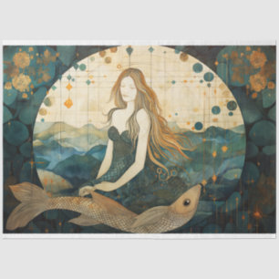 Primitive Mermaid With Fish Ocean Decoupage    Tissue Paper