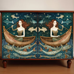 Primitive Mermaid With Fish Painting Decoupage  Tissue Paper