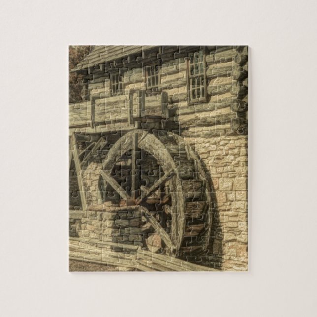 Primitive old farmhouse flour mill water wheel jigsaw puzzle (Vertical)