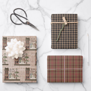 Primitive Papers - Wynter Welcome Snowmen - Plaids Wrapping Paper Sheet