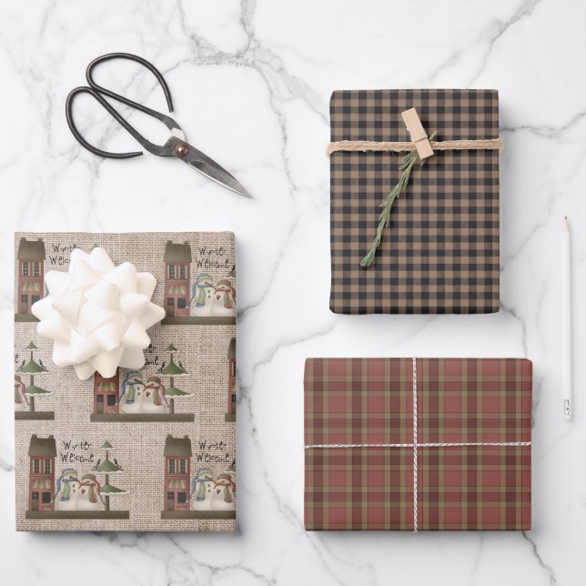 Primitive Papers - Wynter Welcome Snowmen - Plaids Wrapping Paper Sheet (Front)