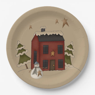 Primitive Red Colonial With Snowman Paper Plate