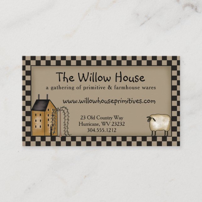 Primitive Saltbox House and Willow Tree Editable   Business Card (Front)