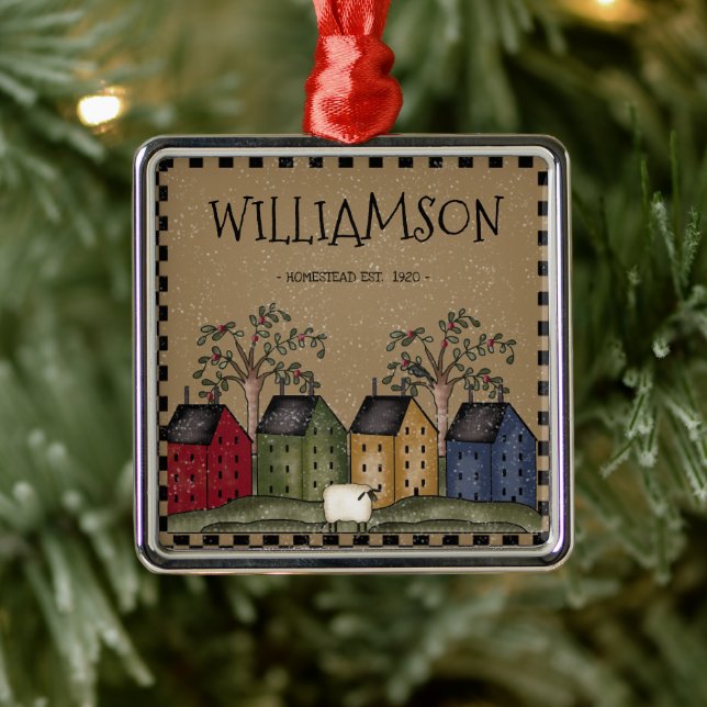 PRIMITIVE SALTBOX HOUSE FAMILY NAME RUSTIC METAL ORNAMENT (Tree)