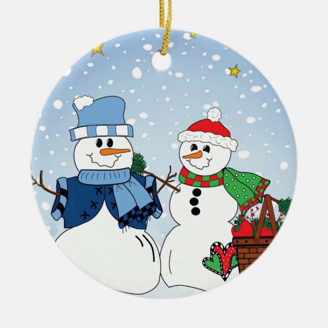 Primitive Snow Couple Ceramic Tree Decoration (Front)