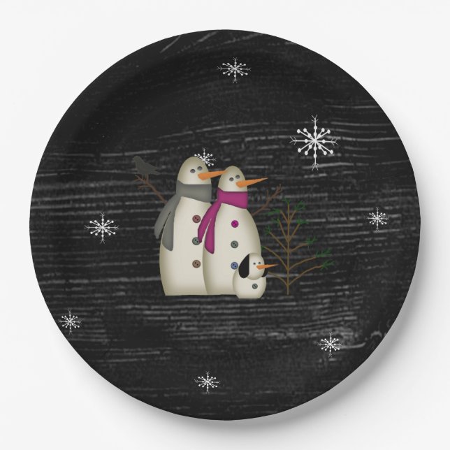 Primitive Snow Couple With Dog Paper Plates (Front)