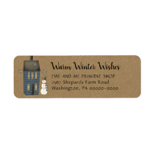 Primitive Snowman and Saltbox House Kraft  Return Address Label