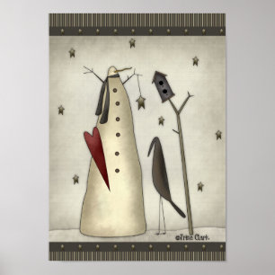 Primitive Snowman, Birdhouse, Crow Poster