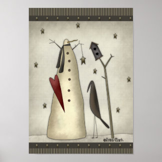 Primitive Snowman, Birdhouse, Crow Poster