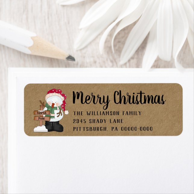 Primitive Snowman Christmas Kraft Return Address Label (Insitu)