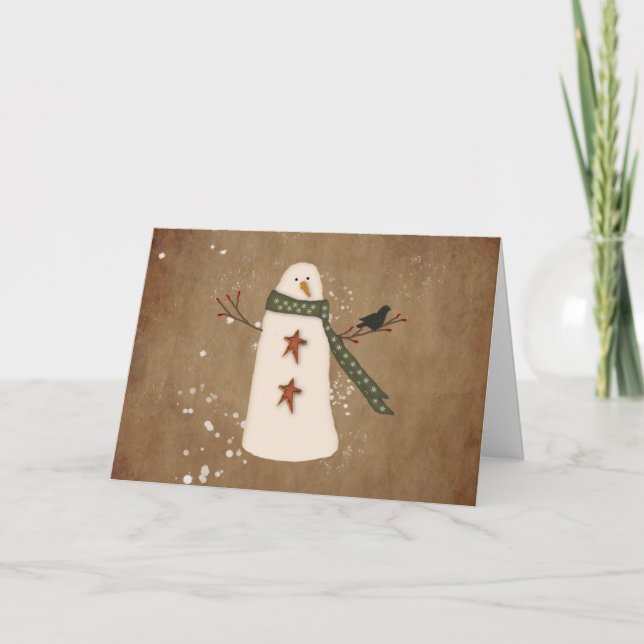 Primitive Snowman Large Font Christmas Card (Front)