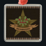 Primitive Star & Berries Personalised Christmas Metal Ornament<br><div class="desc">A folksy primitive star is decorated with holly and berries and finished with your name or family name. Brown burlap in the centre and a brown homespun border. Perfect for your primitive Christmas tree. Part of a collection.</div>