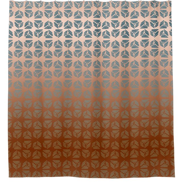 Primitive Teal Stroked Pyramid Triangle Ombre Rust Shower Curtain (Front)